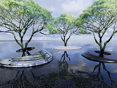 Modern Tree Planters With Curved Structures And Reflections On Water Surface 3d model