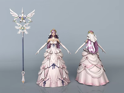 Elegant Game Movie Characters in Pink Ball Gowns with Ornate Winged Staff 3d model