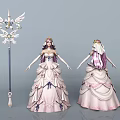 Elegant Game Movie Characters in Pink Ball Gowns with Ornate Winged Staff