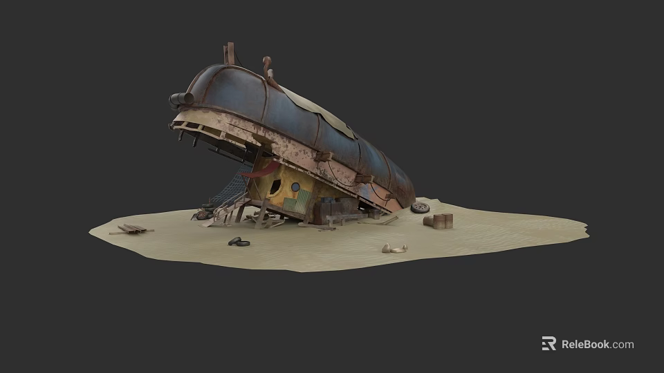 Old Rusted Abandoned Ship Wreck With Damaged Structure On Sandy Ground 3d model