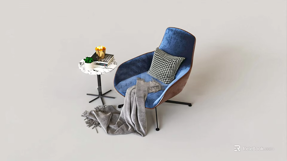 Blue Velvet Single Sofa With Plaid Cushion Gray Blanket And Small Round Table 3d model 