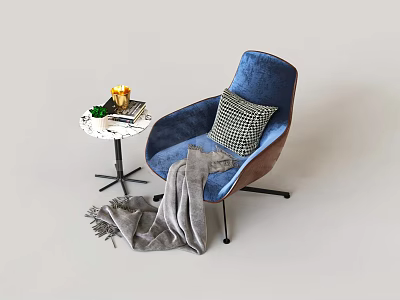 Blue Velvet Single Sofa With Plaid Cushion Gray Blanket And Small Round Table 3d model