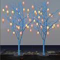 Red and Yellow Lanterns Hanging on Trees With String Lights at Night 3d model