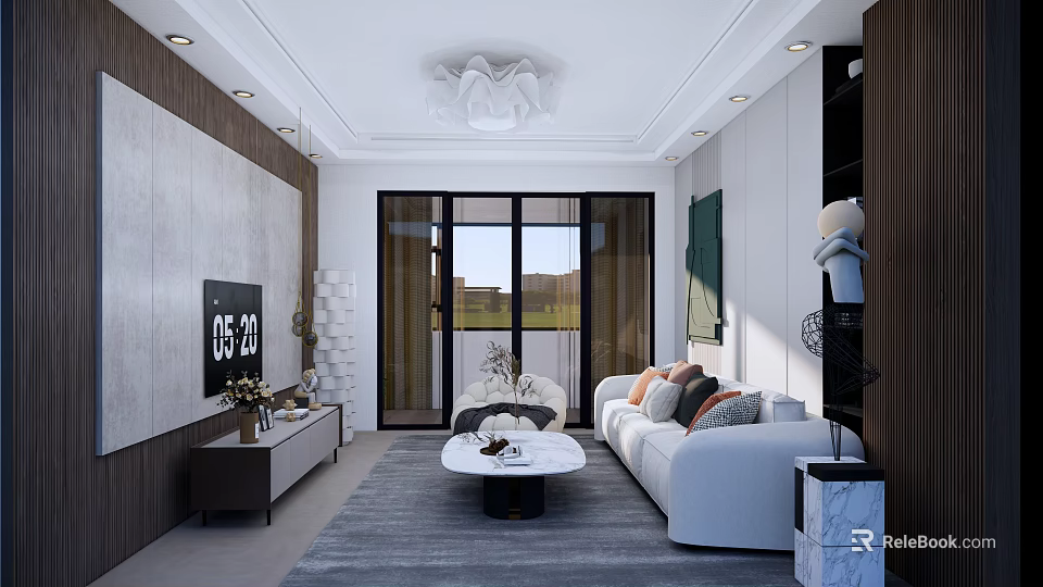 Modern Minimalist Living Room With Cozy Sofa Marble Coffee Table And Large Glass Sliding Doors 3d model 