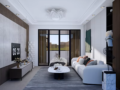 Modern Minimalist Living Room With Cozy Sofa Marble Coffee Table And Large Glass Sliding Doors 3d model