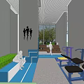 Modern Gym with Gray Walls Black Athletic Mural Blue Track Wooden Platforms and Green Plants