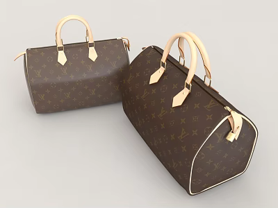 Two Elegant Brown Handbags With Beige Handles Gold Logo And Metal Hardware 3d model