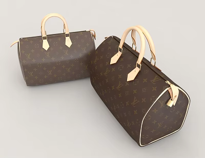 Two Elegant Brown Handbags With Beige Handles Gold Logo And Metal Hardware 3d model