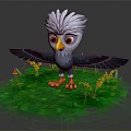 Cartoon Eagle Character Standing On Green Grass With Yellow Flowers And Red Mushrooms