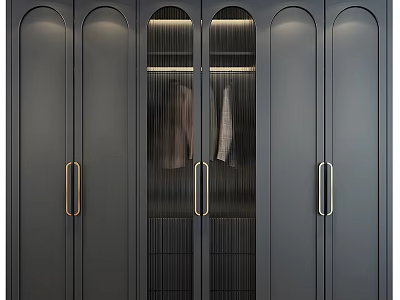 Modern Dark Gray Wardrobe With Glass Doors And Golden Handles Design 3d model
