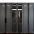 Modern Dark Gray Wardrobe With Glass Doors And Golden Handles Design
