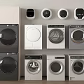 Various Modern Washing Machines With Different Styles And Colors Displayed On Wall And Floor
