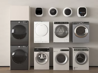 Various Modern Washing Machines With Different Styles And Colors Displayed On Wall And Floor 3d model