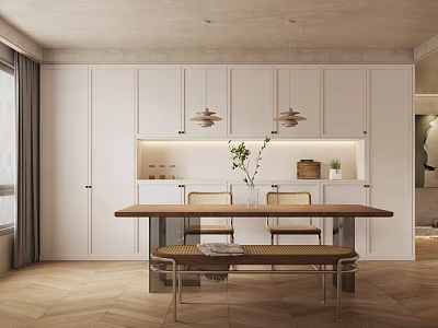 Minimalist Restaurant Interior With White Cabinets Wooden Dining Table Chairs And Pendant Lights 3d model