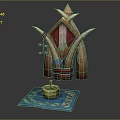 Traditional Decorative Building With Pointed Roof Red Door Wooden Horns Blue Rug And Small Candle