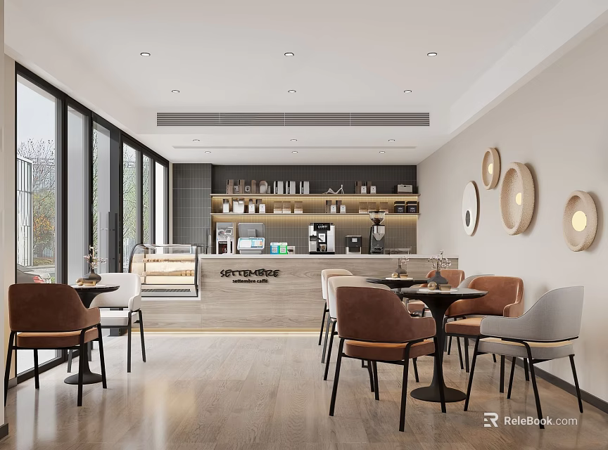 Modern Café Interior with Wooden Floors Large Windows and Circular Wall Decorations 3d model 
