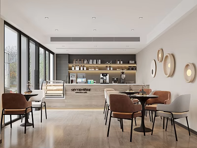 Modern Café Interior with Wooden Floors Large Windows and Circular Wall Decorations 3d model