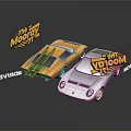 Yellow And White Retro Racing Cars Featuring The Monkey And The Voodoo Logos