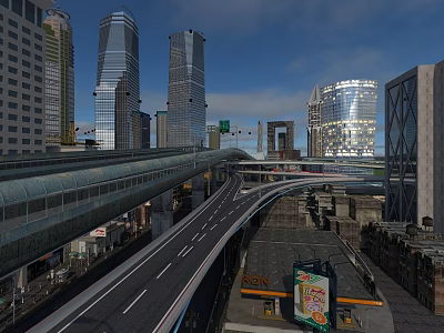 Modern Urban Cityscape With Elevated Highway Busy Road And Tall Skyscrapers 3d model