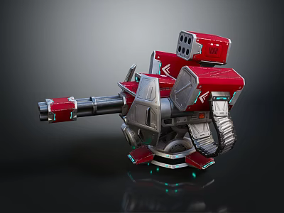 Red Silver Mechanical Weapon Turret With Cannon Barrel Tracked Base And Green Lights 3d model
