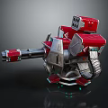 Red Silver Mechanical Weapon Turret With Cannon Barrel Tracked Base And Green Lights