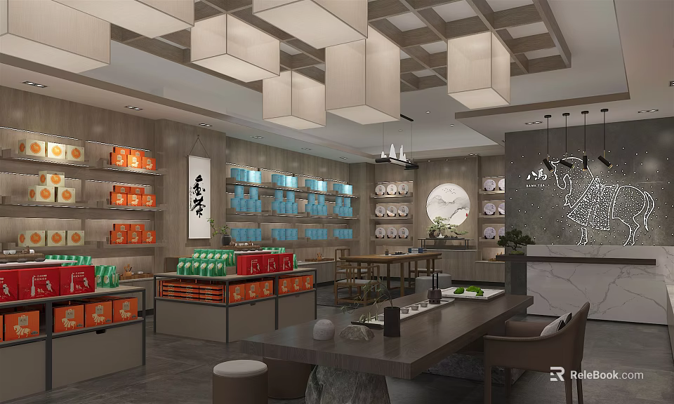 Traditional Chinese Tea Store Interior With Product Shelves Hanging Lamps Tasting Area And Decor 3d model 