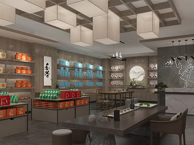 Traditional Chinese Tea Store Interior With Product Shelves Hanging Lamps Tasting Area And Decor 3d model