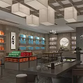 Traditional Chinese Tea Store Interior With Product Shelves Hanging Lamps Tasting Area And Decor