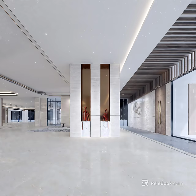 Modern Hotel Lobby Interior Design With Tall Columns And Spacious Layout 3d model