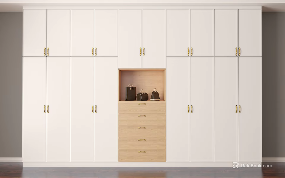 Sleek White Wardrobe With Central Light Wood Drawer Cabinet Open Shelf And Gold Handles 3d model 