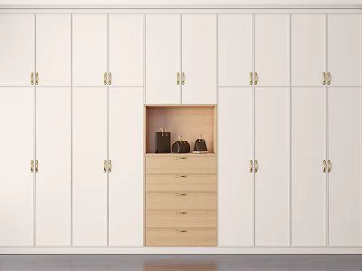 Sleek White Wardrobe With Central Light Wood Drawer Cabinet Open Shelf And Gold Handles 3d model