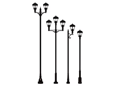 Different Styles of Outdoor Street Lamps with Black Pole and Decorative Designs 3d model