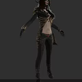 Mysterious Woman With Horns Blindfolded Wearing Skeleton Armor And Feather Details On Gray Background
