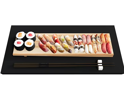 Assorted Fresh Sushi Platter on Wooden Plate with Chopsticks and Soy Sauce 3d model