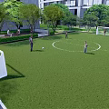 Green Football Field with Lush Trees in Residential Area People Playing Football