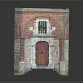 Red Brick Building Entrance With Arched Red Wooden Door And Iron Grille Window