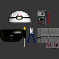 Essential Electrical Tools Set With Safety Helmet Multimeter Pliers And Terminal Block