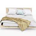 Modern Double Bed With Wooden Frame Gray Quilt Light Brown Blanket And Soft Pillows