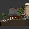 Cartoon Farm Scene With Red Barn White Silo Trees Tractor Sheep And Stream