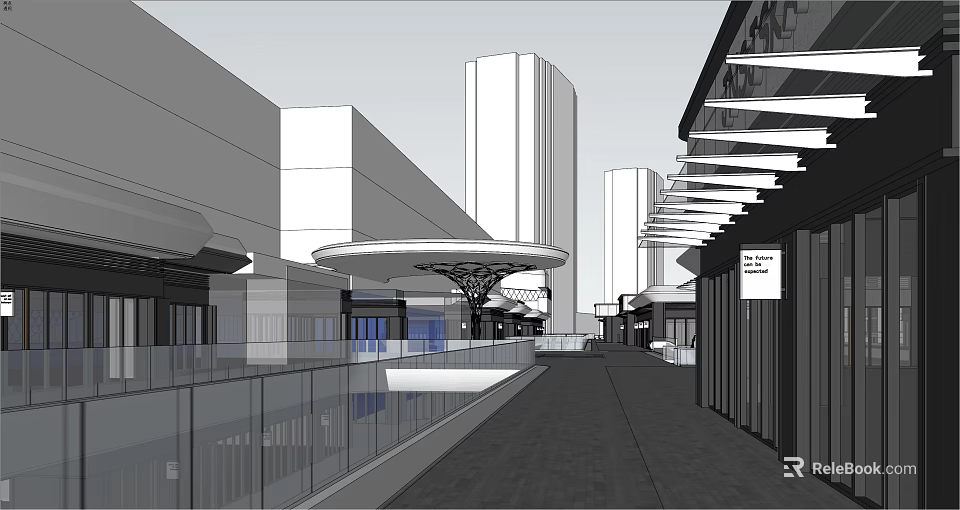 Modern Commercial Street With Glass Railings Canopy Pedestrian Walkway And Tall Buildings 3d model 