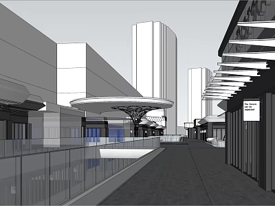 Modern Commercial Street With Glass Railings Canopy Pedestrian Walkway And Tall Buildings 3d model