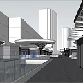 Modern Commercial Street With Glass Railings Canopy Pedestrian Walkway And Tall Buildings