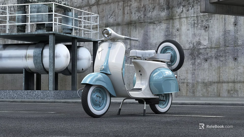 Vintage Light Blue And White Scooter With Round Headlight And Blue Wheels In Industrial Setting 3d model 