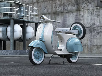 Vintage Light Blue And White Scooter With Round Headlight And Blue Wheels In Industrial Setting 3d model