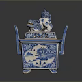 Blue and White Ceramic Sculpture with Dragon Decoration Square Structure and Detailed Carving
