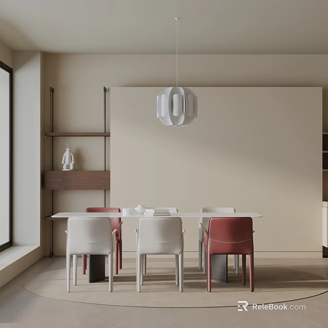 Minimalist Dining Table Set With White And Red Chairs And Pendant Light 3d model