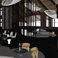 Modern Elegant Lounge Area Interior With Comfortable Sofas Unique Pendant Lights And Marble Coffee Tables 3d model