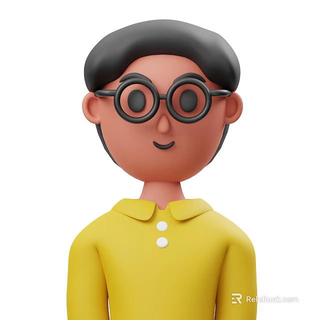 Smiling Cartoon Man With Short Black Hair Black Framed Glasses Yellow Collared Shirt White Buttons 3d model 