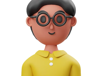 Smiling Cartoon Man With Short Black Hair Black Framed Glasses Yellow Collared Shirt White Buttons 3d model
