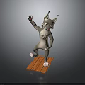 3D Cartoon Cat Character With Big Ears Standing On Wooden Plank Waving Paw